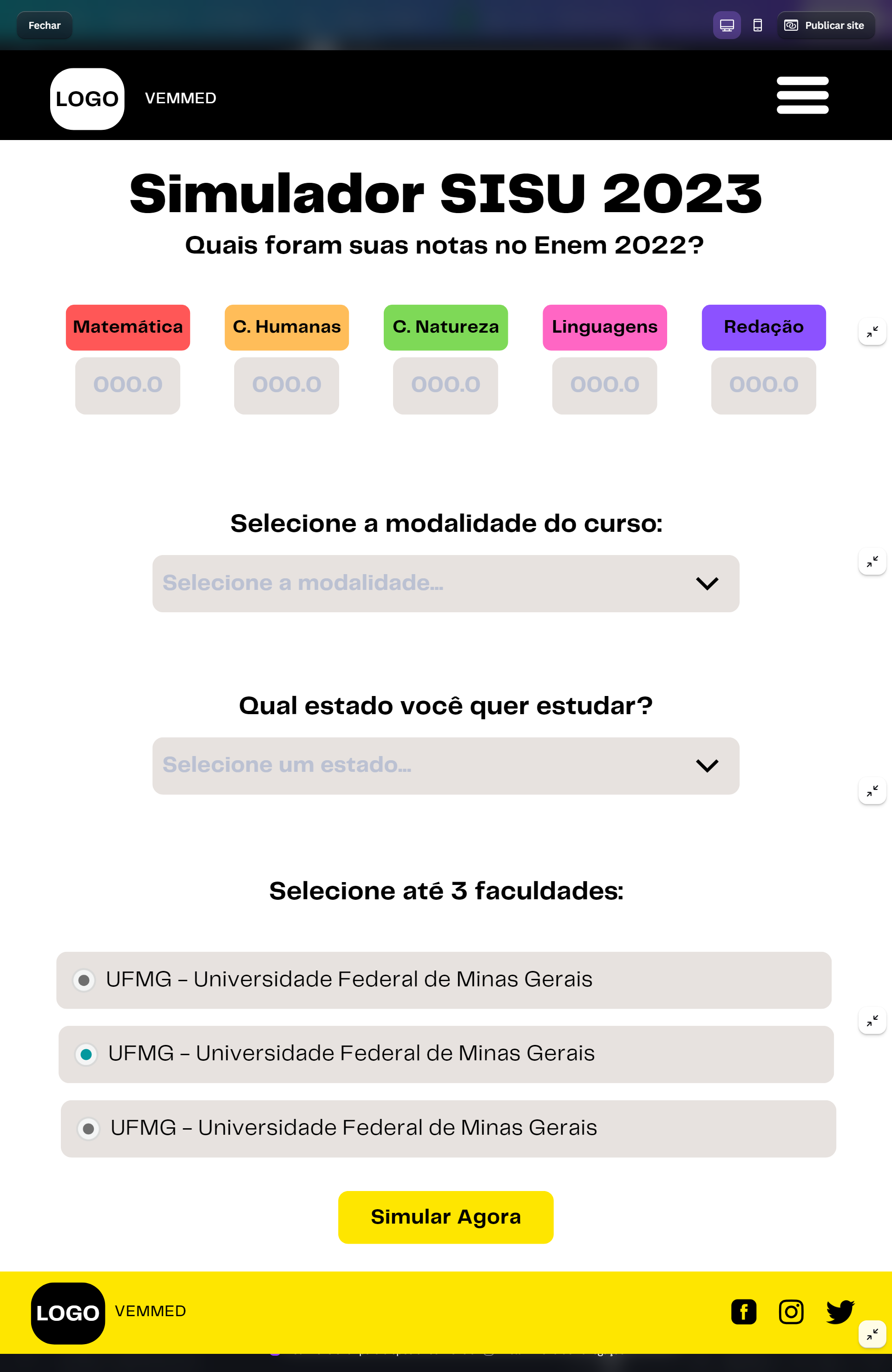Prévia do projeto VemMed - UI Design do simulador SISU